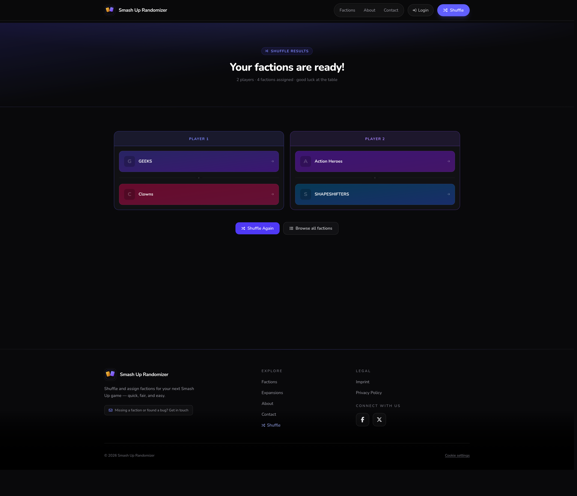 Screenshot of the Smash Up Randomizer result screen showing faction assignments for two players